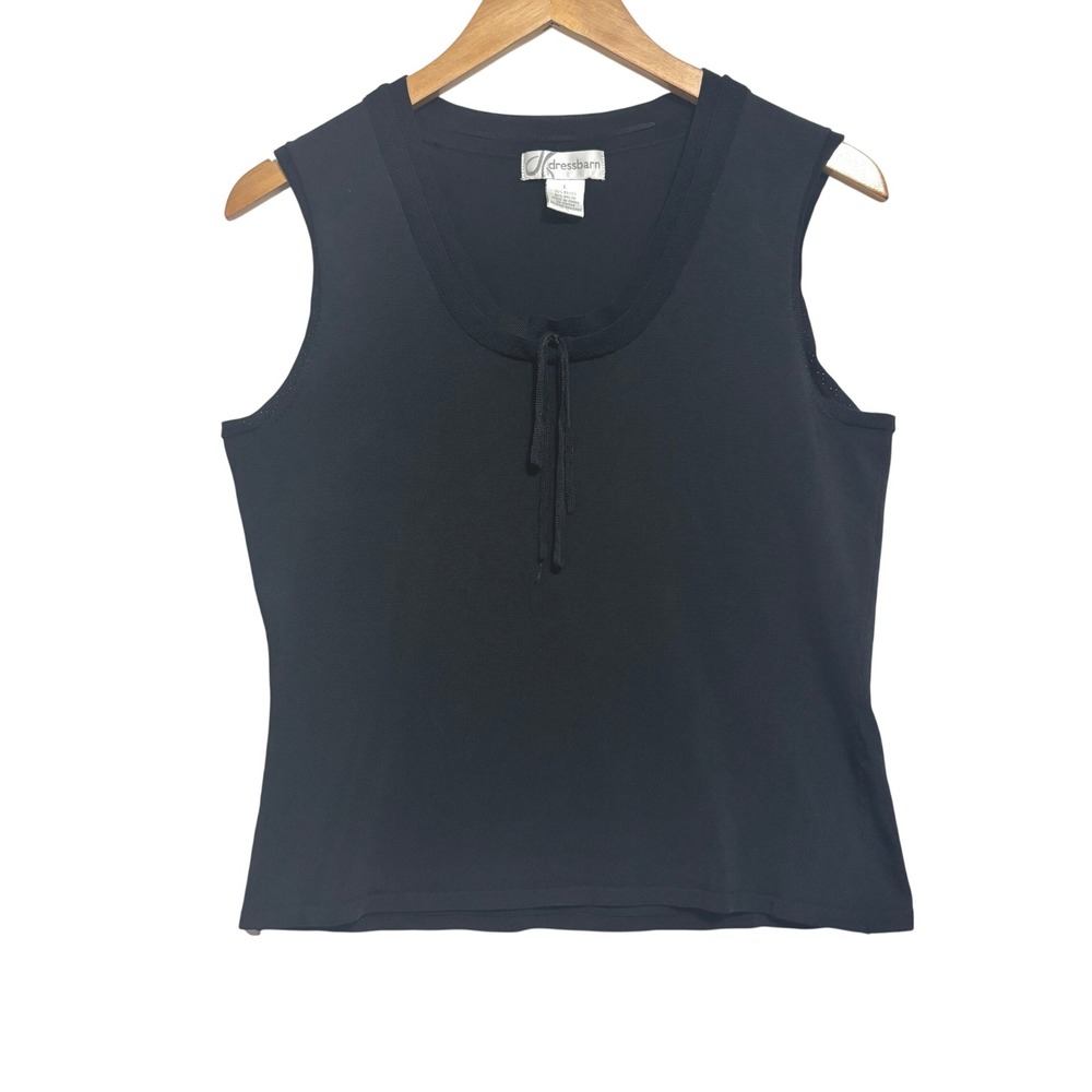 Dressbarn Tank‎ Top Black Knit Scoop Neck Tie Front Career Minimalist Layering L